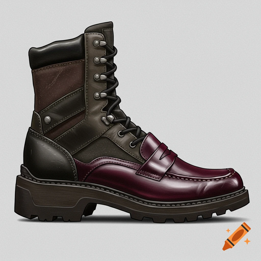 A detailed illustration of a hybrid military boot and loafer, featuring dark brown and maroon leather with laces.