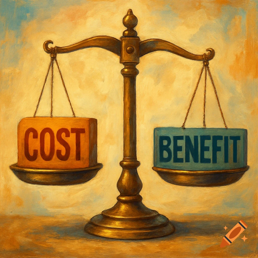 A vintage-style oil painting of a brass balance scale with a block labeled 'COST' on the left and 'BENEFIT' on the right.