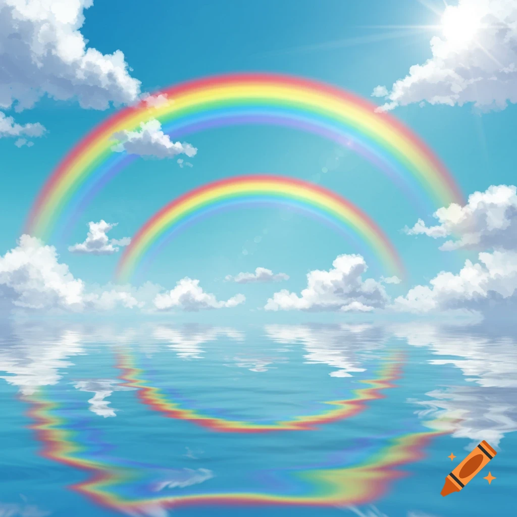 Two vibrant rainbows arch over reflective blue water under a bright sky with fluffy white clouds and sun.