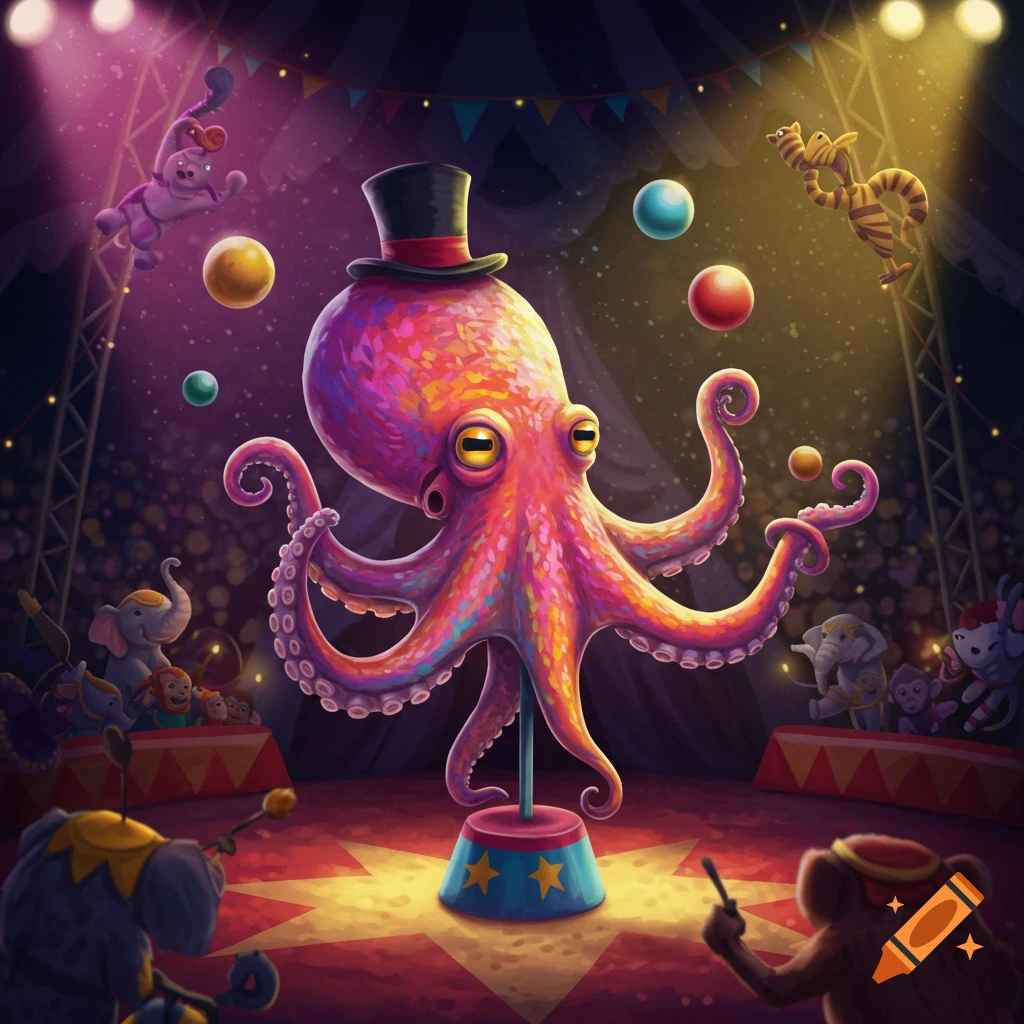 A vibrant, colorful octopus in a top hat juggles in a spotlighted circus ring surrounded by cartoon animals.