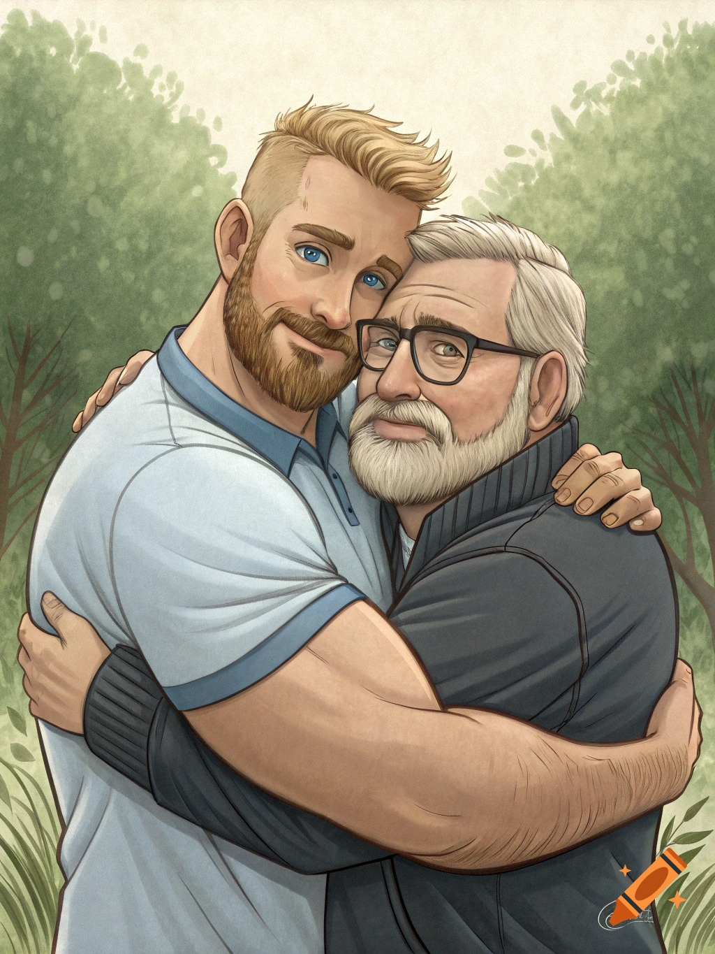 An illustration of two men, one younger with a blond beard and one older with gray hair and glasses, hugging outdoors.