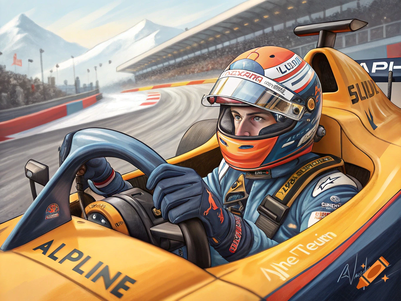 An illustrative image of a race car driver in an orange and blue Alpine F1-style car on a track with snowy mountains in the background.