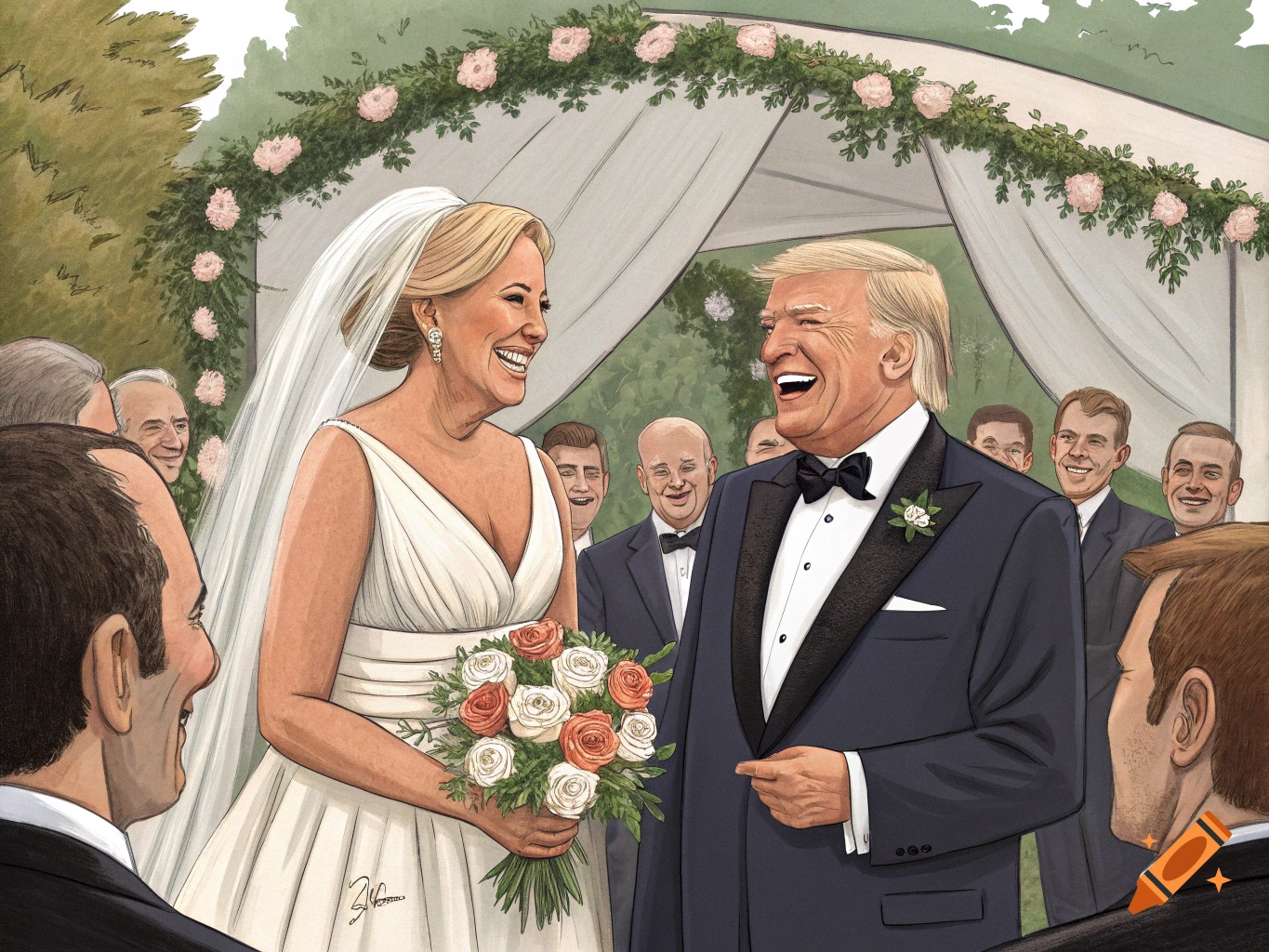 A cartoon illustration depicts Donald Trump laughing heartily in a tuxedo, looking at a blonde woman in a white wedding dress and veil, holding a bouquet. They stand under a flower-adorned arch, surrounded by smiling guests.