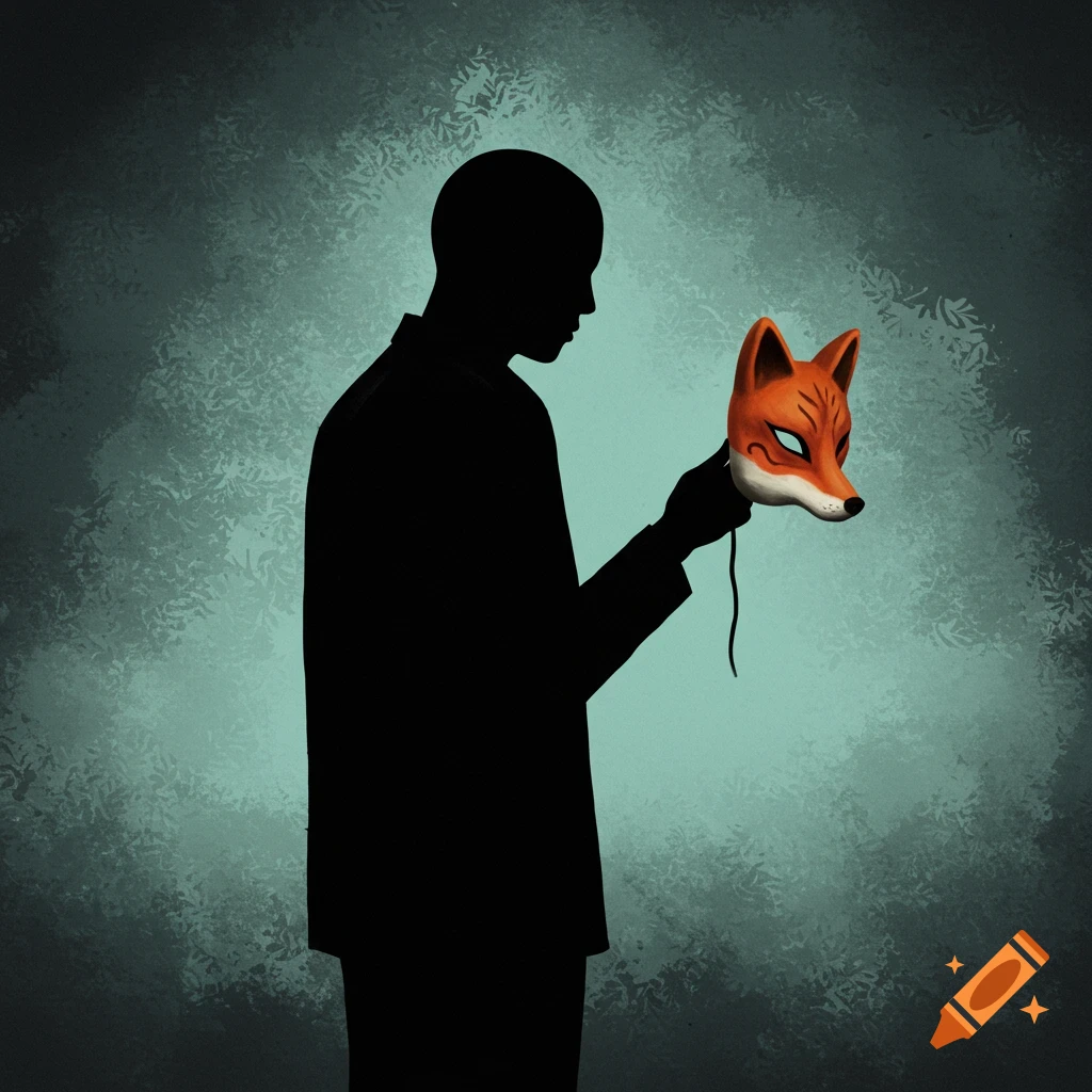 A dark silhouette of a person holding a fox mask against a textured blue-green background.