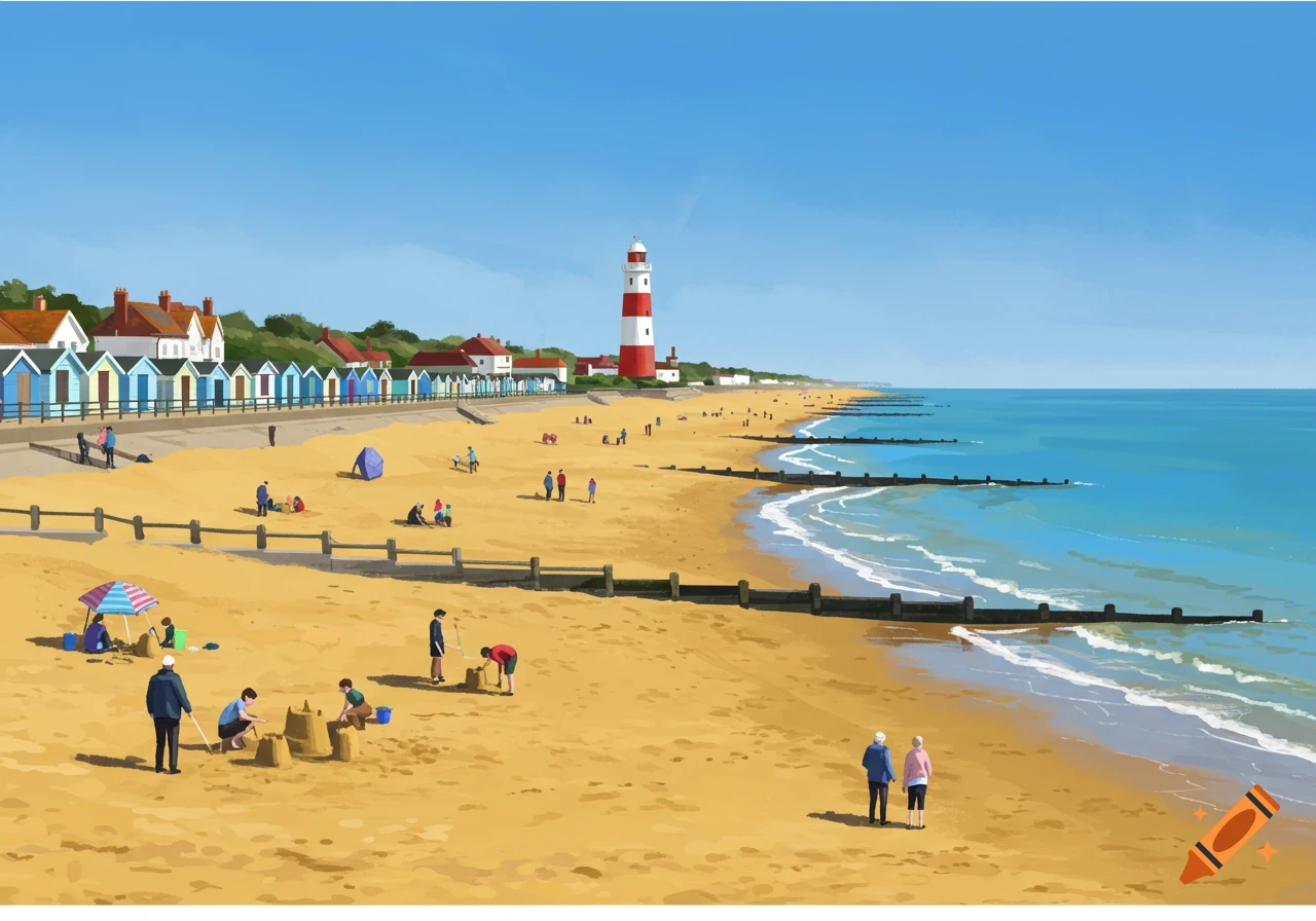 Illustrative beach scene with colorful huts, a lighthouse, and people enjoying the sand and sea under a clear sky.