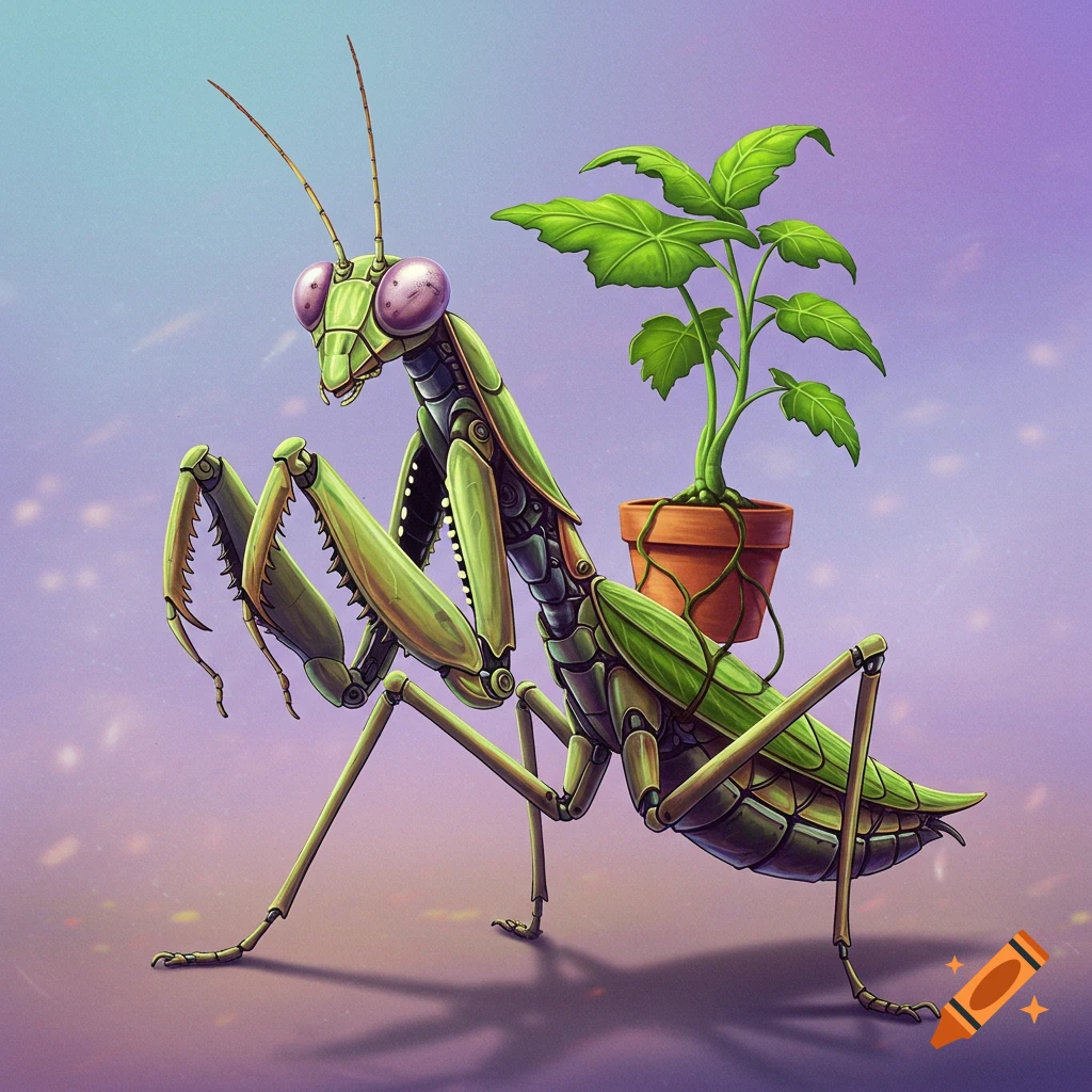 A green robotic praying mantis carries a small potted plant on its back, in a digital art style.