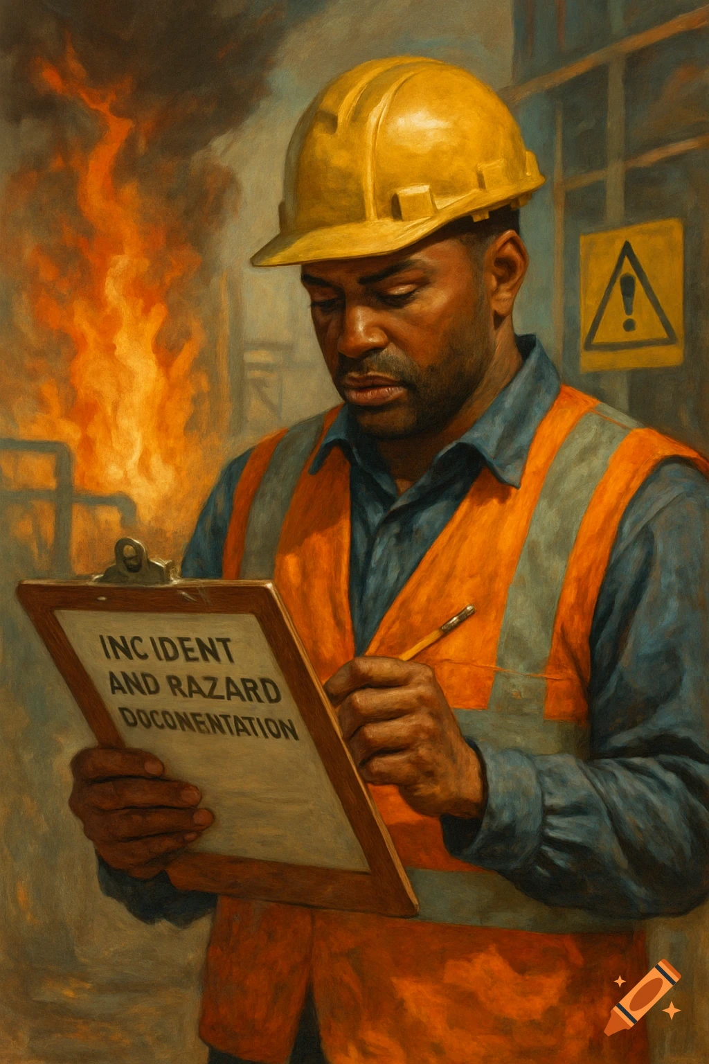 A man in a hard hat and safety vest writes on a clipboard with a fire burning in the background, in an oil painting style.