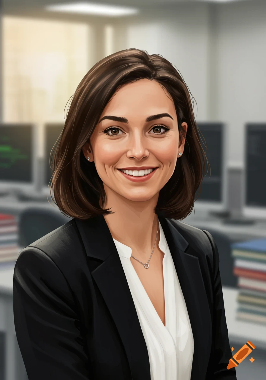 Smiling woman with short dark hair in a black blazer and white shirt, in a blurred office setting.