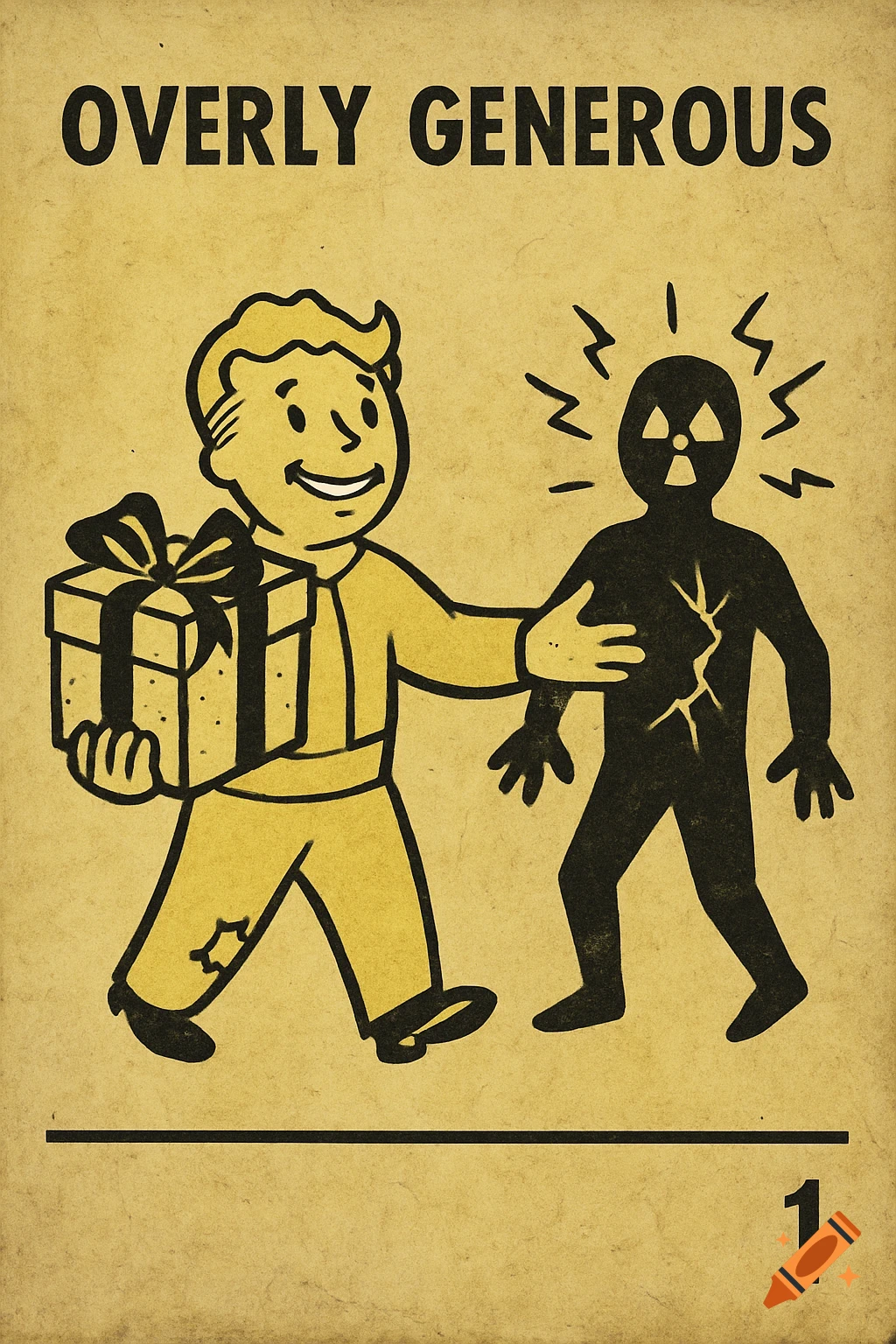 Vault Boy from Fallout giving a gift to a silhouetted, cracking figure under the words 'OVERLY GENEROUS', in a retro cartoon style.