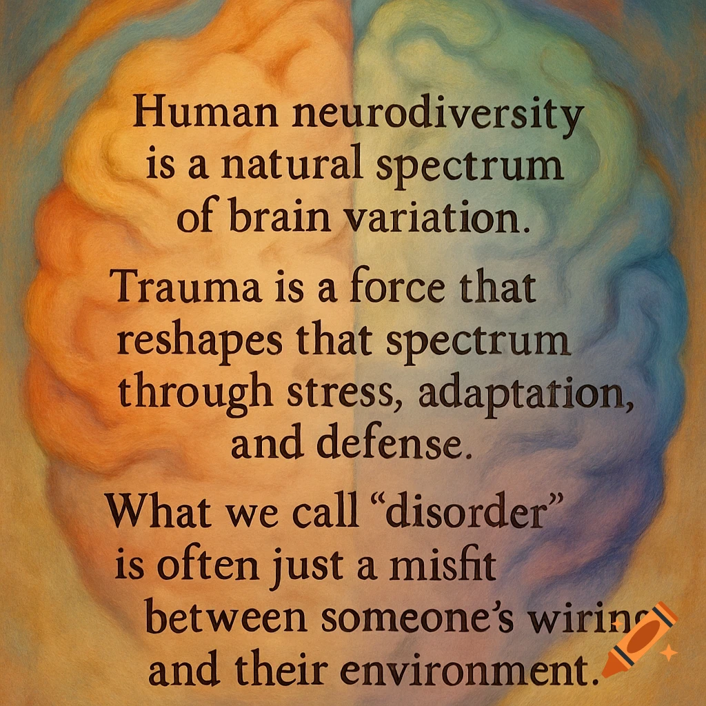 Stylized brain with text about neurodiversity and trauma, in an artistic painting style.