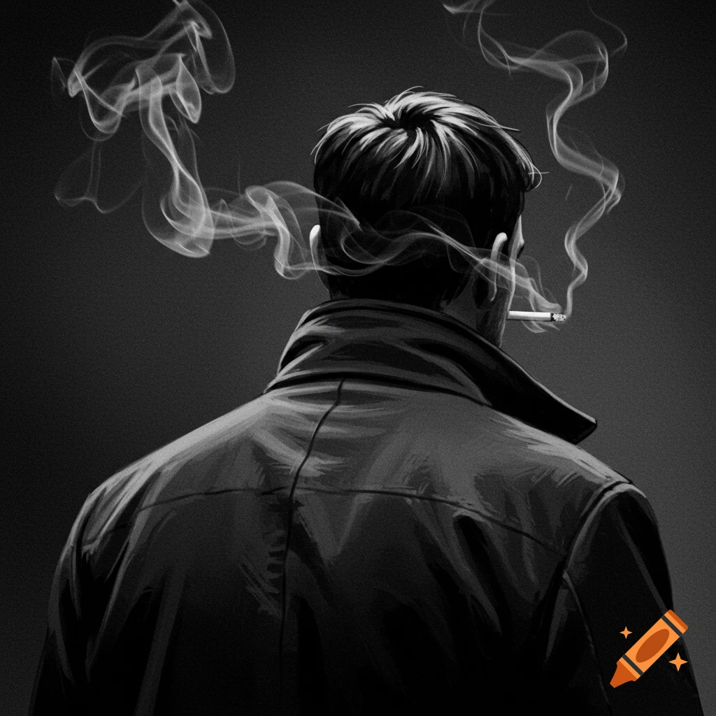 Black and white artistic illustration of a man seen from behind, smoking a cigarette with smoke swirling around his head.