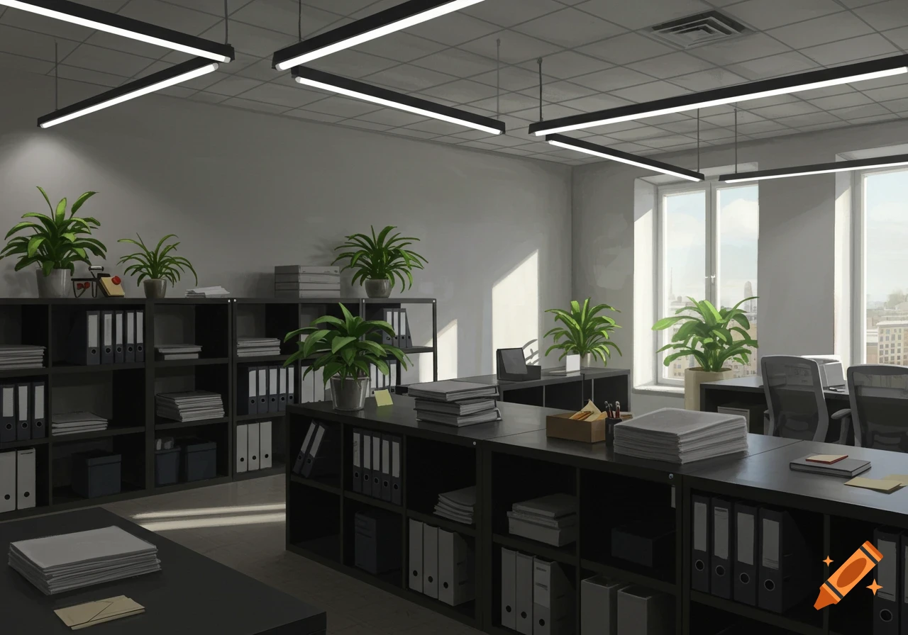 A modern office interior with black shelves, green plants, LED lights, and large windows overlooking a cityscape.