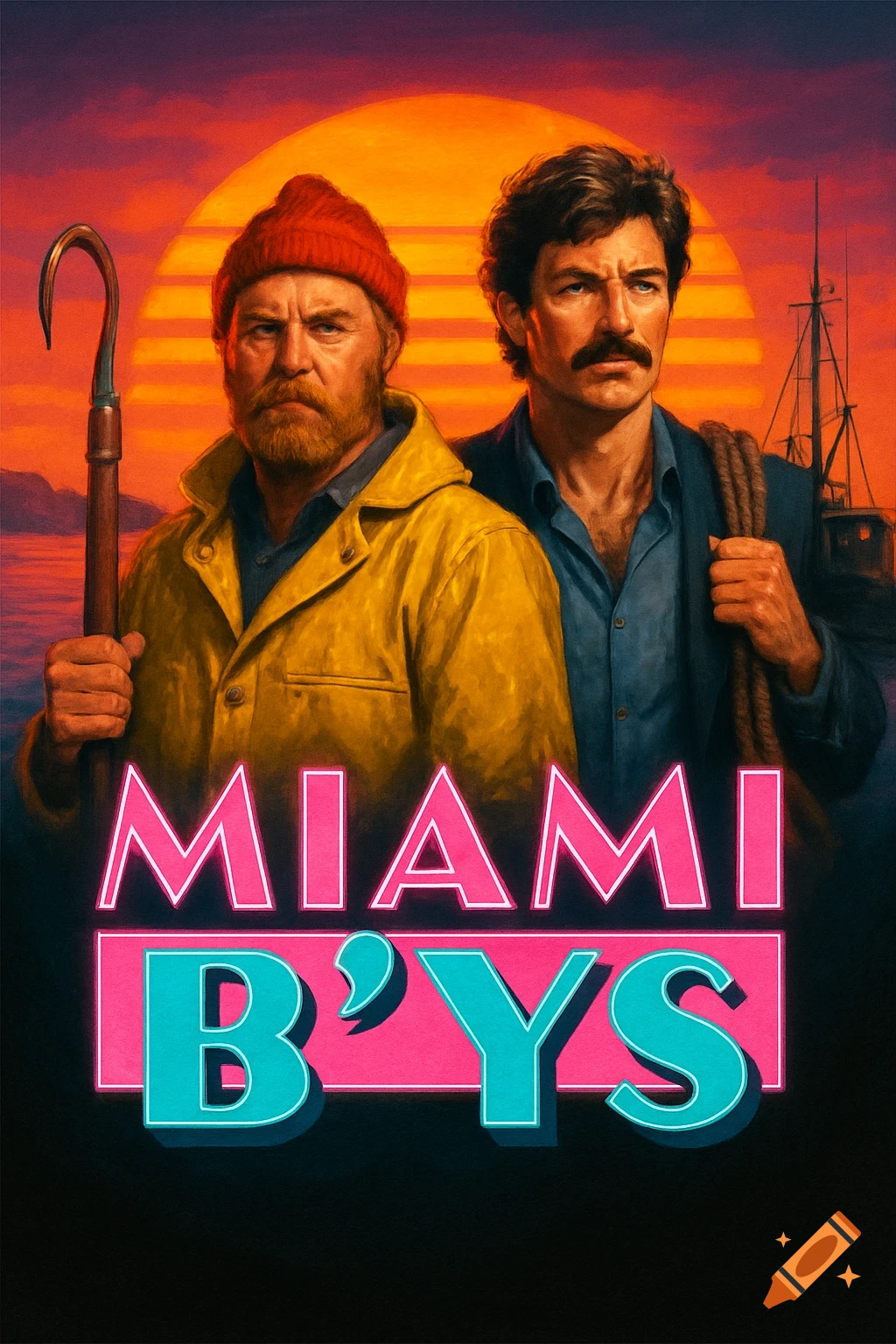 Retro 1980s style poster featuring two rugged men, one with a beard and red hat, the other with a mustache, against a sunset over water with a boat. Text reads 'MIAMI B'YS'.