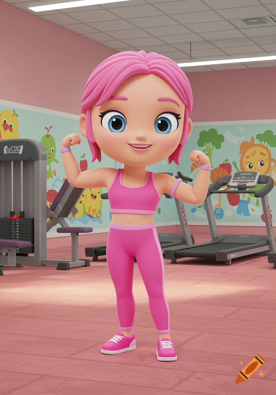 A 3D animated cartoon woman with pink hair wearing pink workout clothes flexes her biceps in a colorful gym.