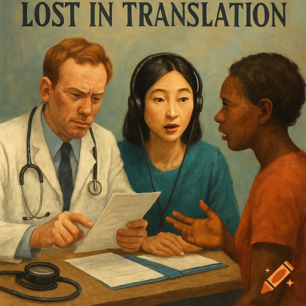 A painterly image of a doctor, an interpreter, and a patient at a desk. Text reads LOST IN TRANSLATION.