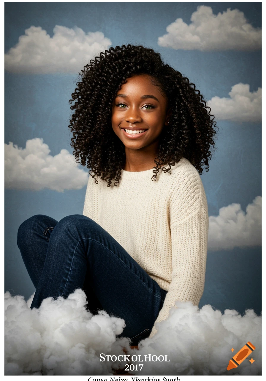 A young Black girl with curly hair and hazel eyes smiles while sitting in a studio with a cloudy sky background, wearing a cream sweater and jeans.