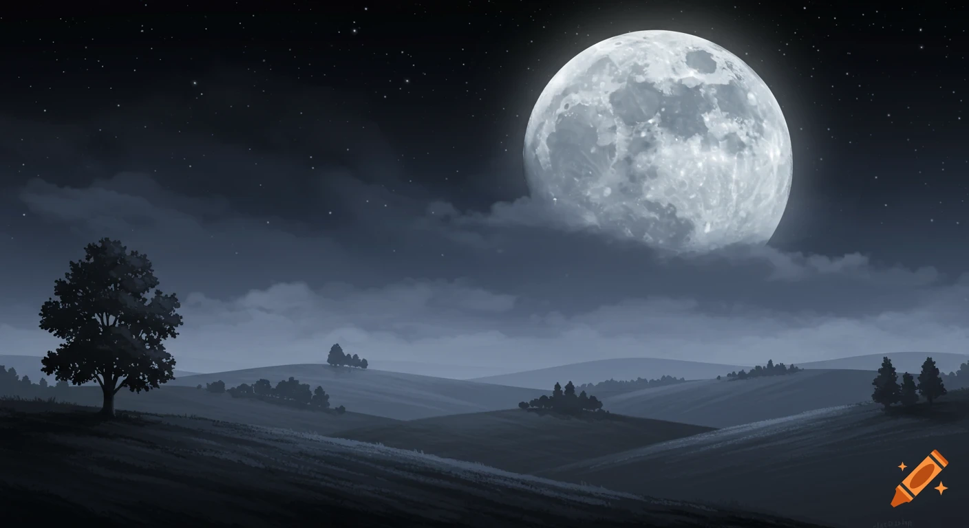 Stylized night landscape with rolling hills, silhouetted trees, and a large full moon in a starry, cloudy sky.
