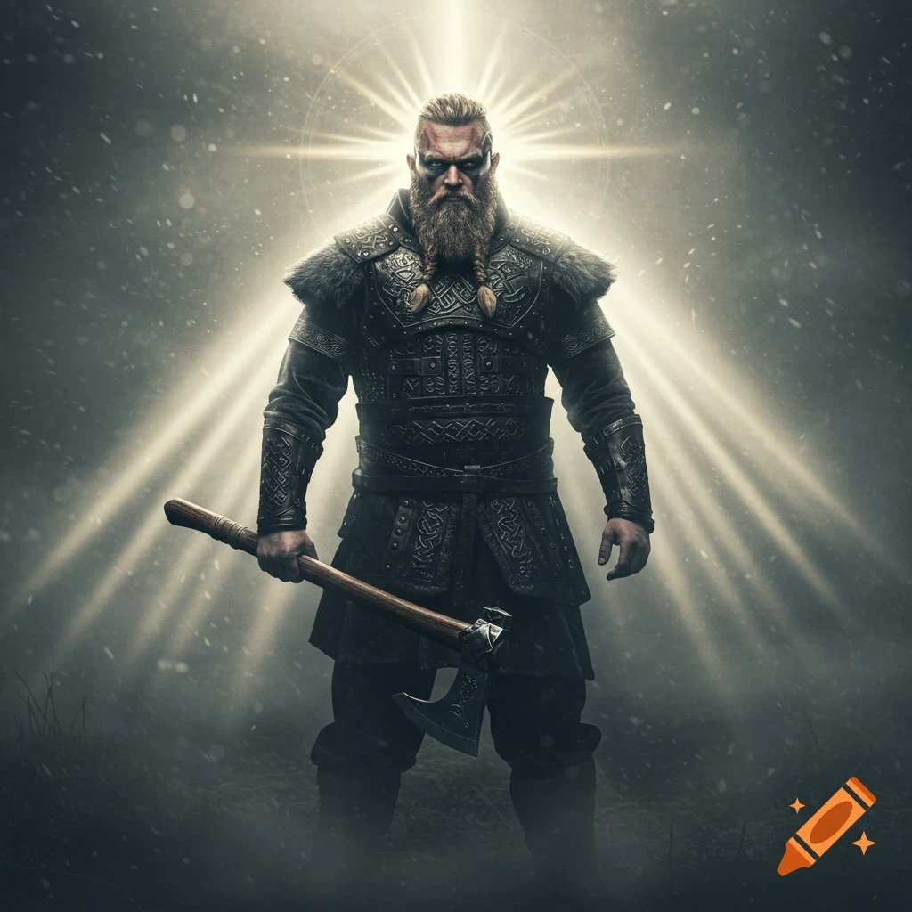 Photorealistic image of a powerful bearded viking in armor holding an axe, illuminated by radiant light.