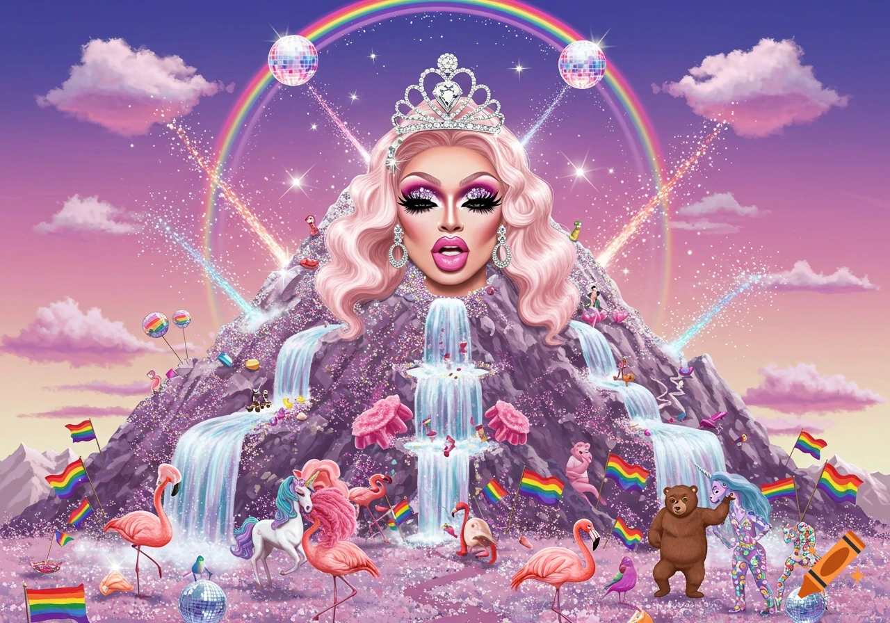 A flamboyant, sparkling rainbow mountain with a drag queen's face, waterfalls, disco balls, pride flags, flamingos, unicorns, and dancing bears in a cartoon style.