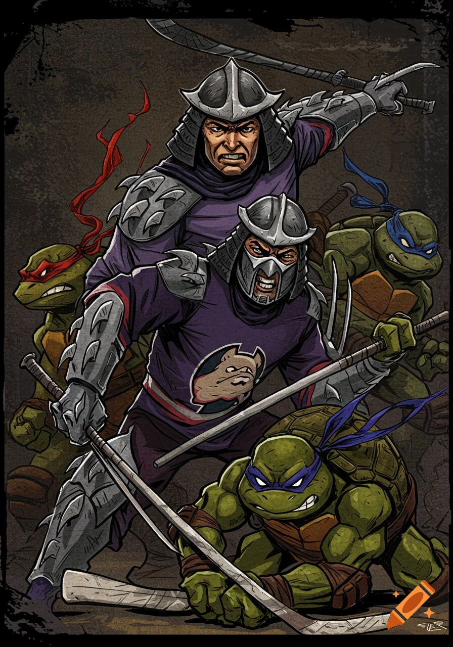 Vibrant comic art featuring two Shredders in hockey jerseys with a pig logo, battling the Teenage Mutant Ninja Turtles amidst hockey sticks.