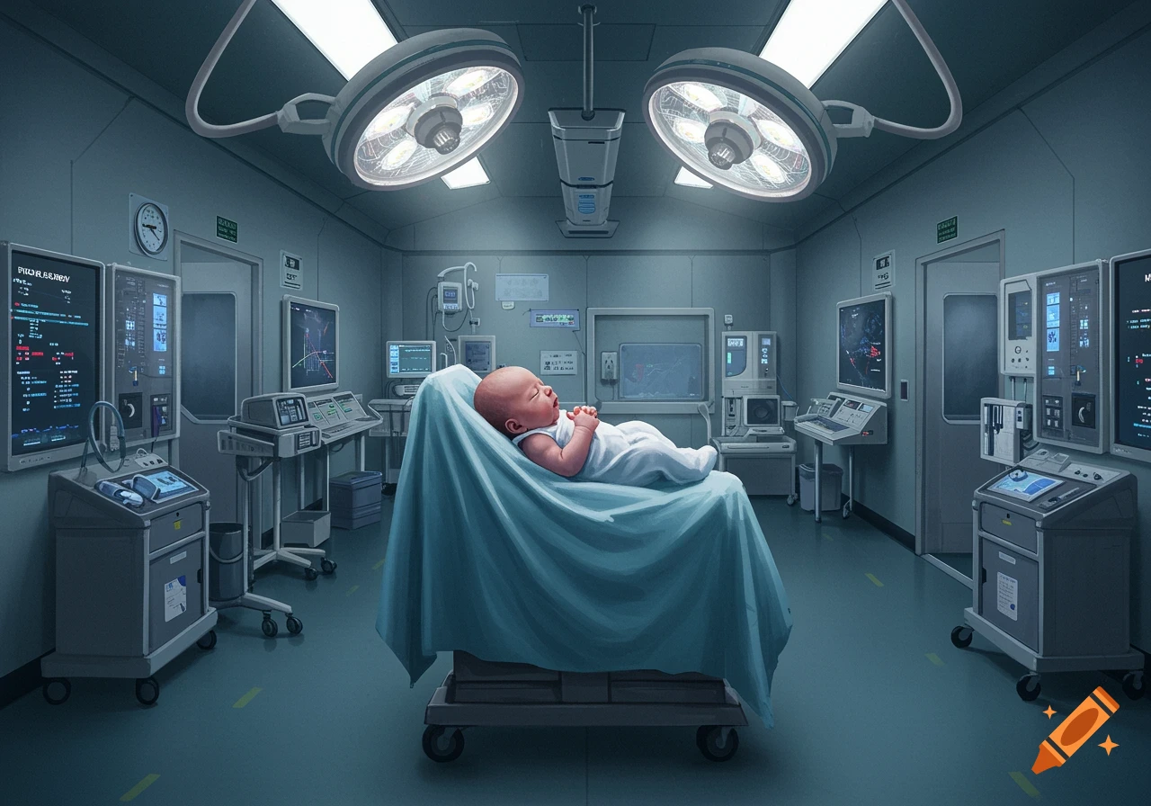 Newborn baby lies on a gurney in a high-tech hospital operating room ...