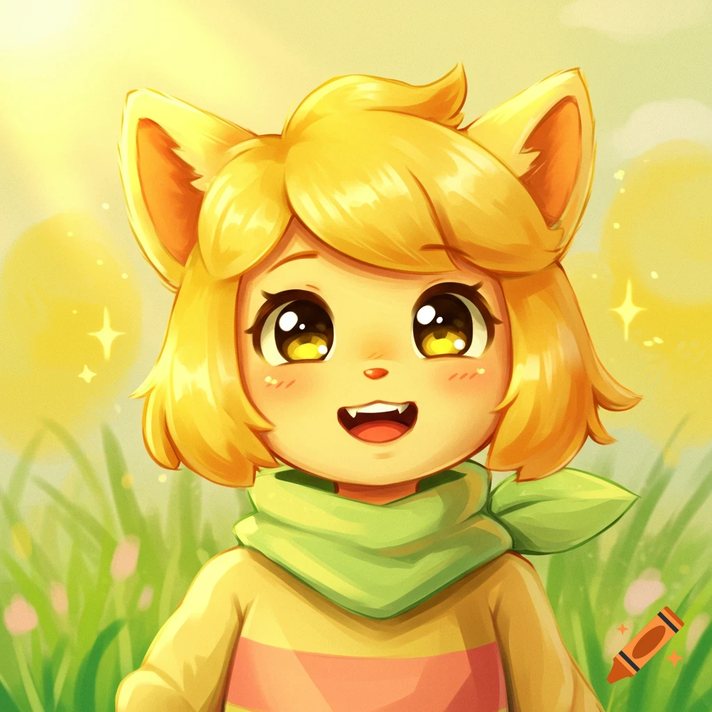 A smiling, yellow, cat-eared cartoon character with large eyes and a green scarf stands in a sunny, grassy field.