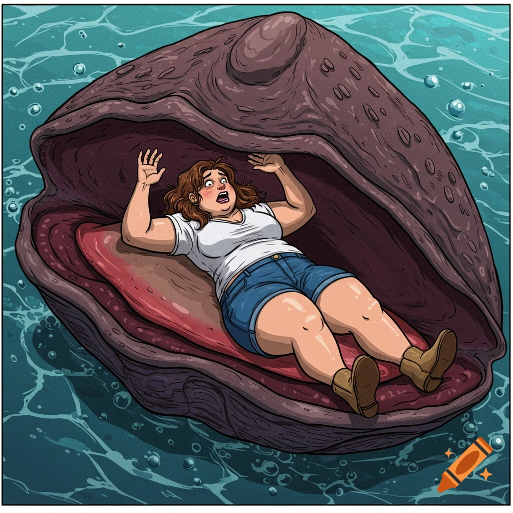 A scared, chubby woman in a white t-shirt and blue jean shorts lies on her back inside a giant, closing clam in the water, in a comic book art style.
