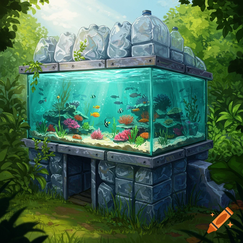 A vibrant illustration of a large fish aquarium filled with colorful fish and corals, set on a stone base amidst lush green foliage, with recycled bottle-like structures on top.