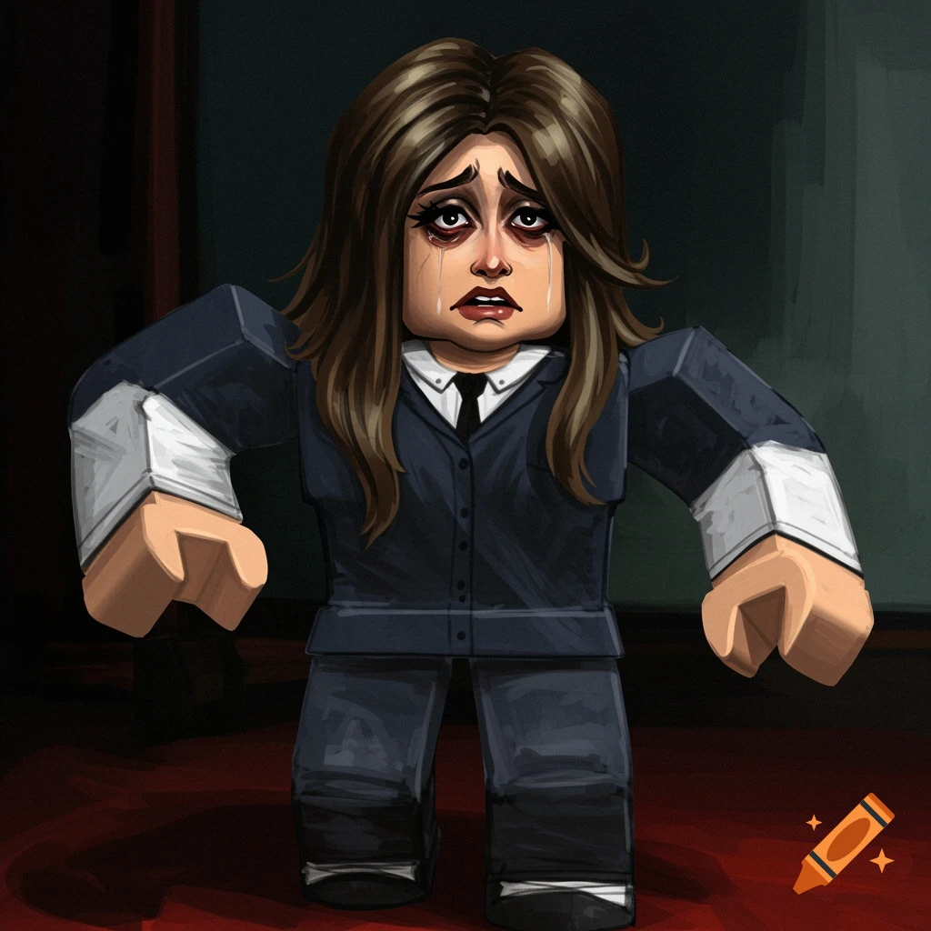 A Roblox-style girl with long brown hair, dressed in a dark suit, crying with tears streaming down her face in a painterly style.