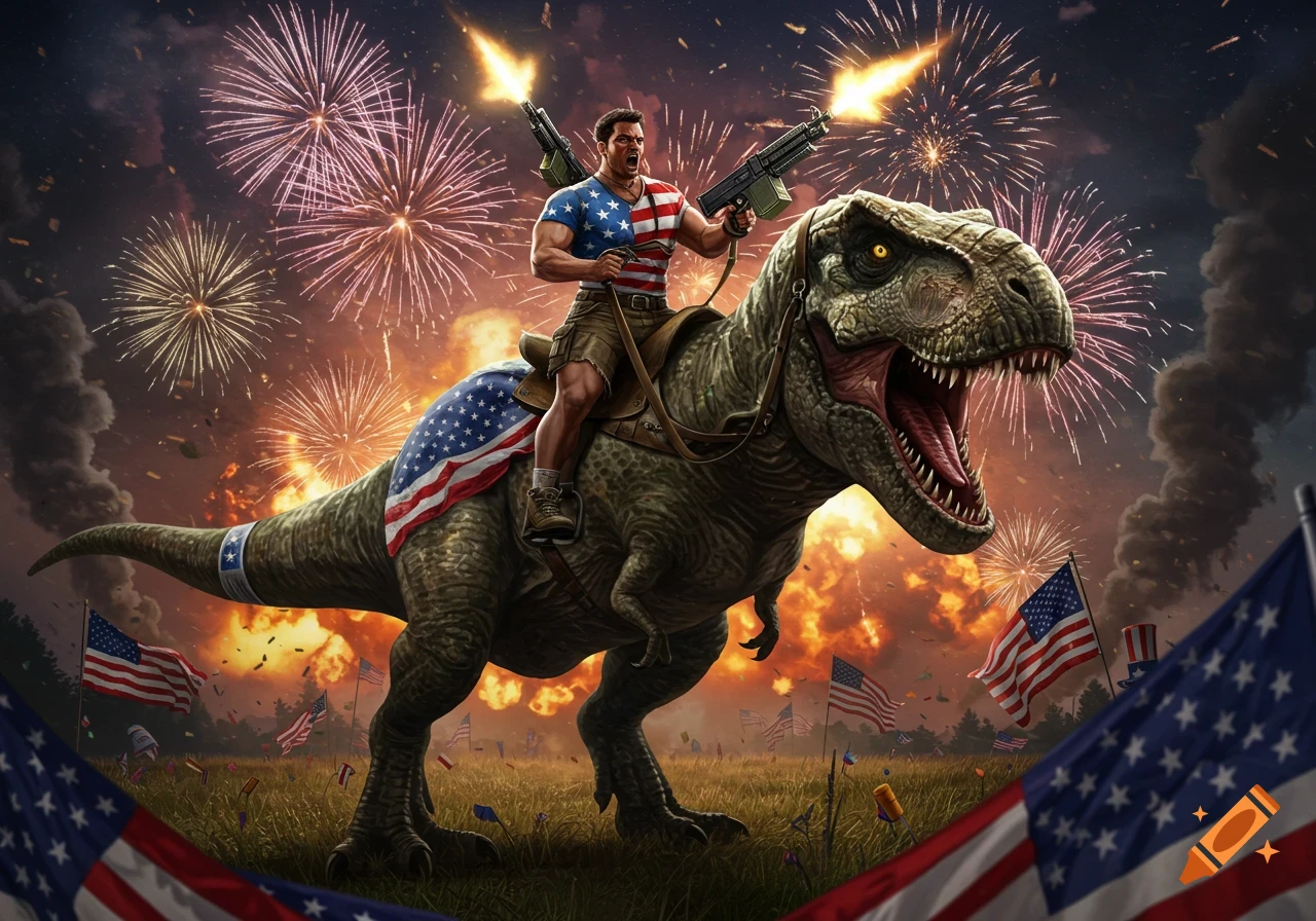 Muscular man rides a T-Rex, both firing machine guns, amidst fireworks and American flags in a field at night. Stylized illustration.