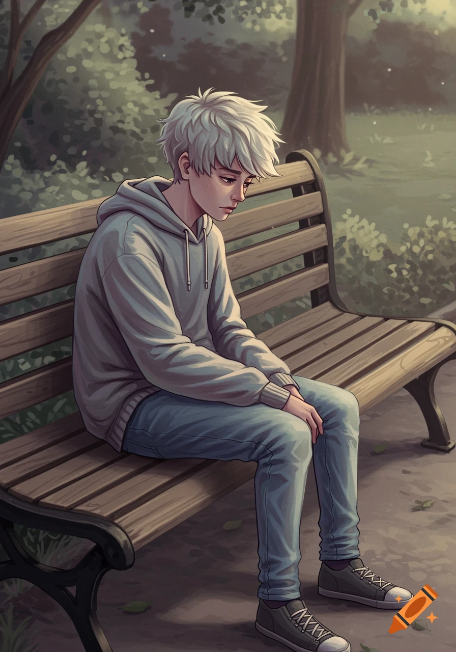An anime-style drawing of a sad teenage boy with white fluffy hair sitting alone on a park bench.