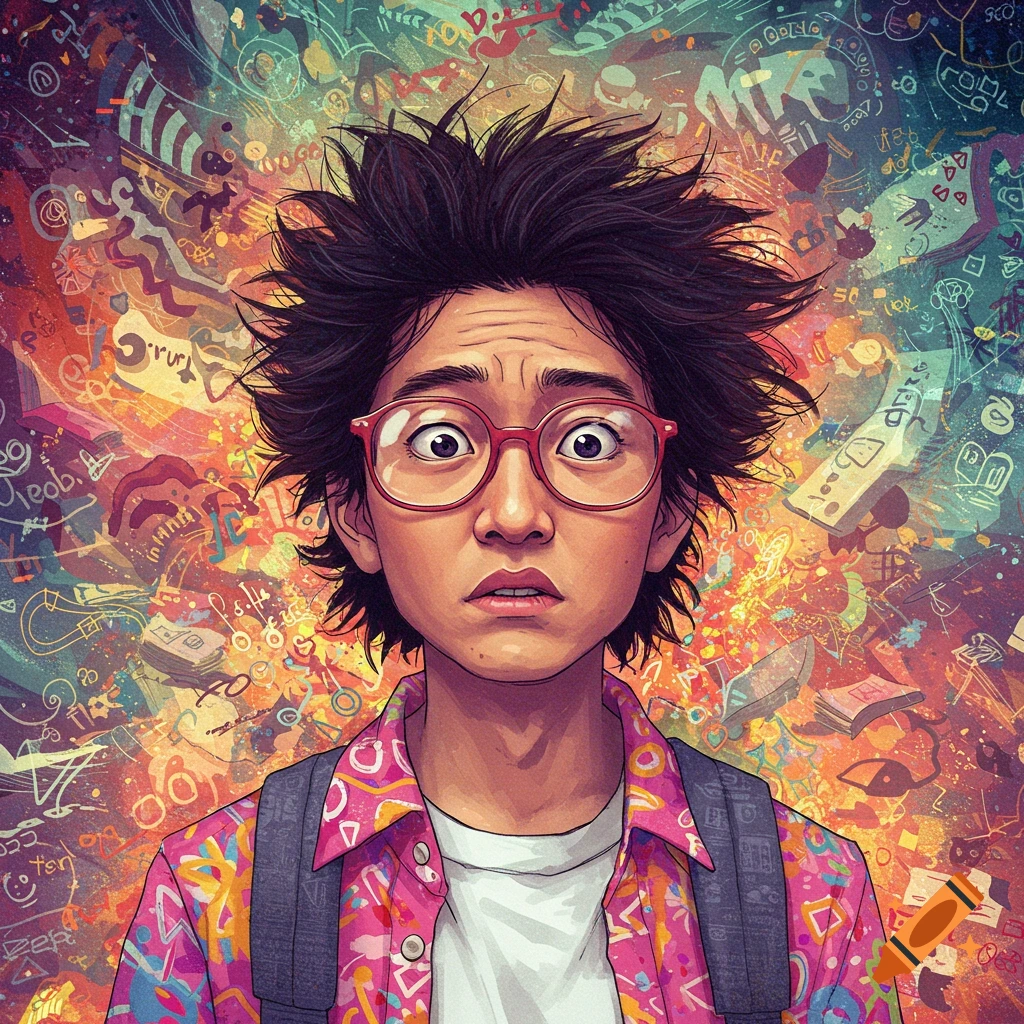 A young person with messy hair and red glasses looks confused against a chaotic, colorful, abstract background filled with scribbles.