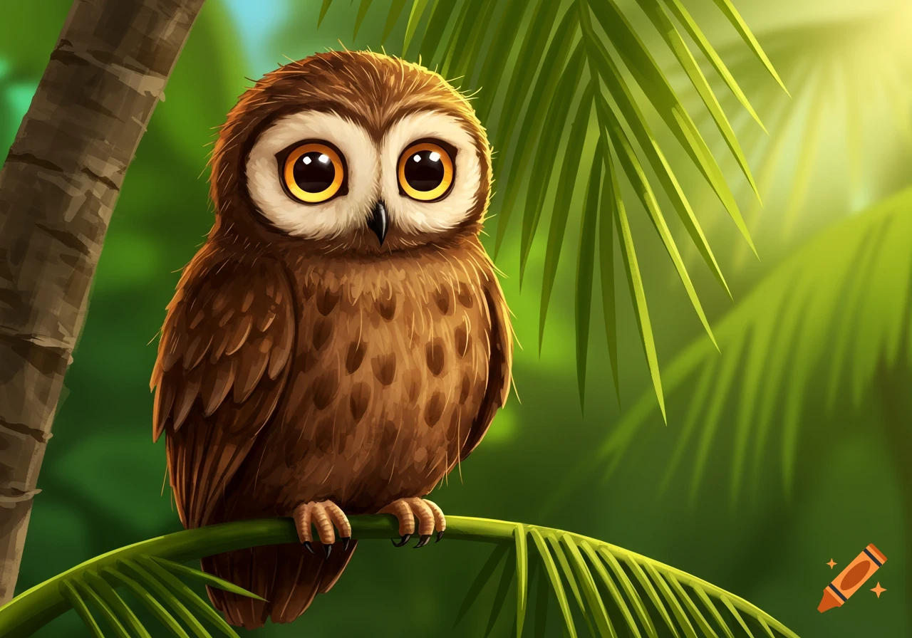 A cute, brown cartoon owl with large eyes perched on a branch surrounded by green palm leaves and lush foliage.