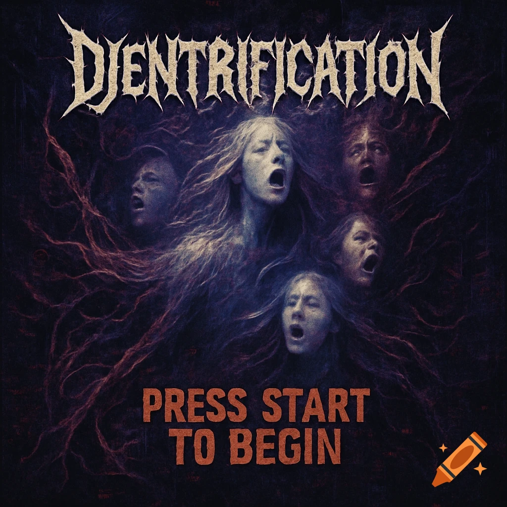 Dark, gritty album cover for 'Djentrification' - 'Press Start To Begin', featuring multiple distorted, screaming faces.