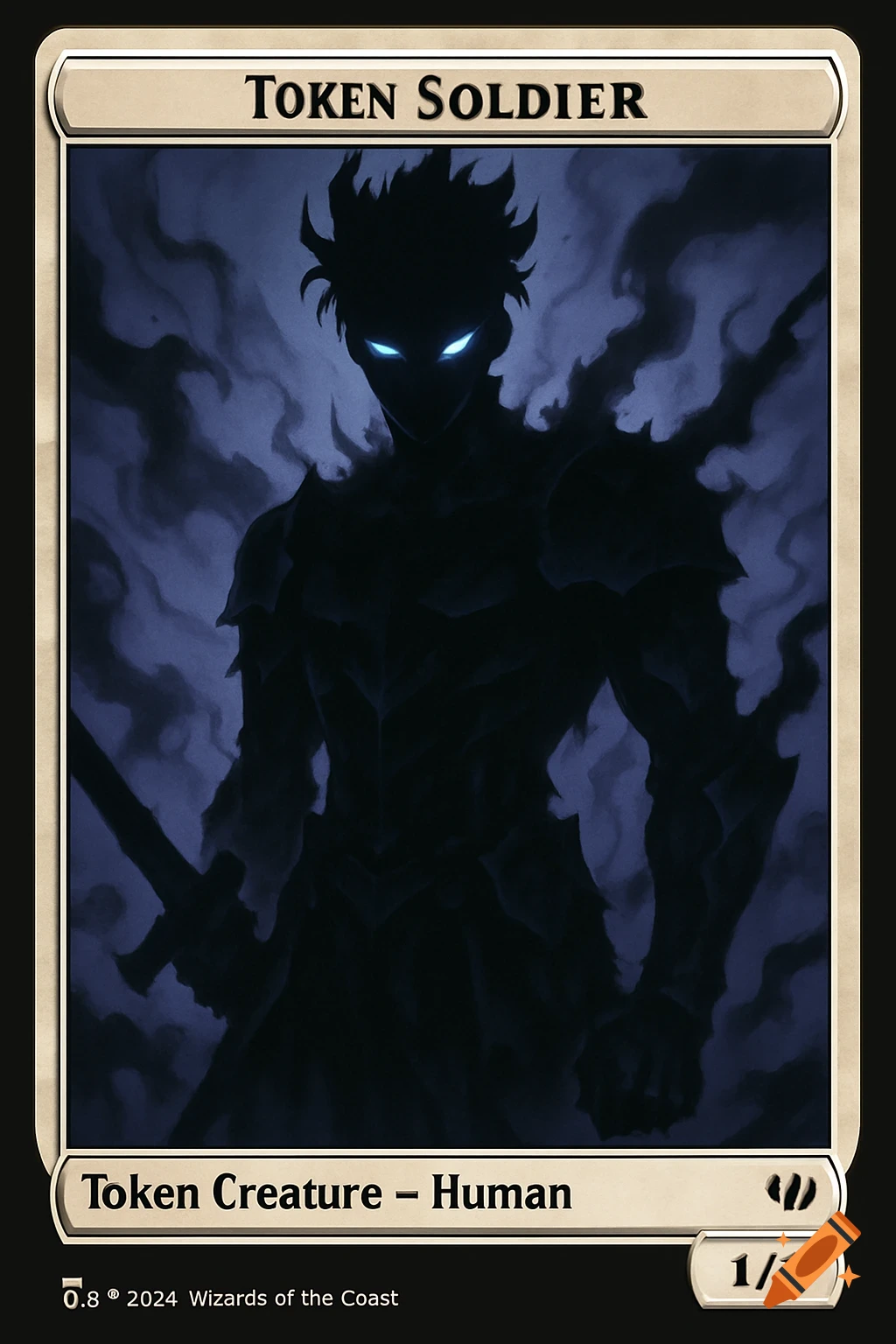 A Magic: The Gathering token card featuring a silhouette of a human soldier with glowing blue eyes, surrounded by dark mist.