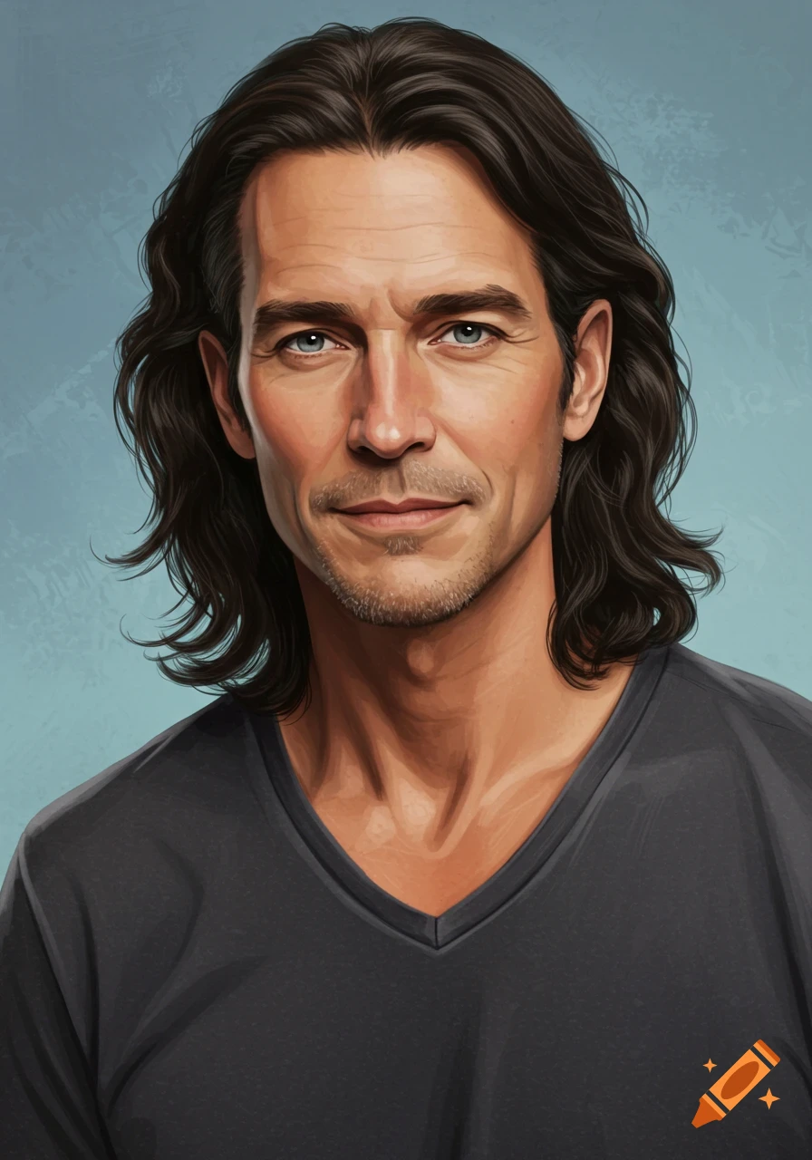 Digital painting portrait of a man with long dark wavy hair, blue eyes, and a light goatee, wearing a dark v-neck shirt.