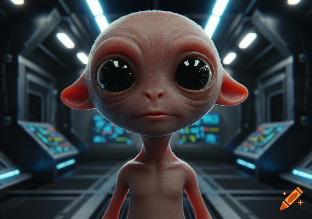 A photorealistic 3D render of a cute, bald, pink alien with large black eyes standing in a dark, metallic sci-fi spaceship interior with blue lighting.