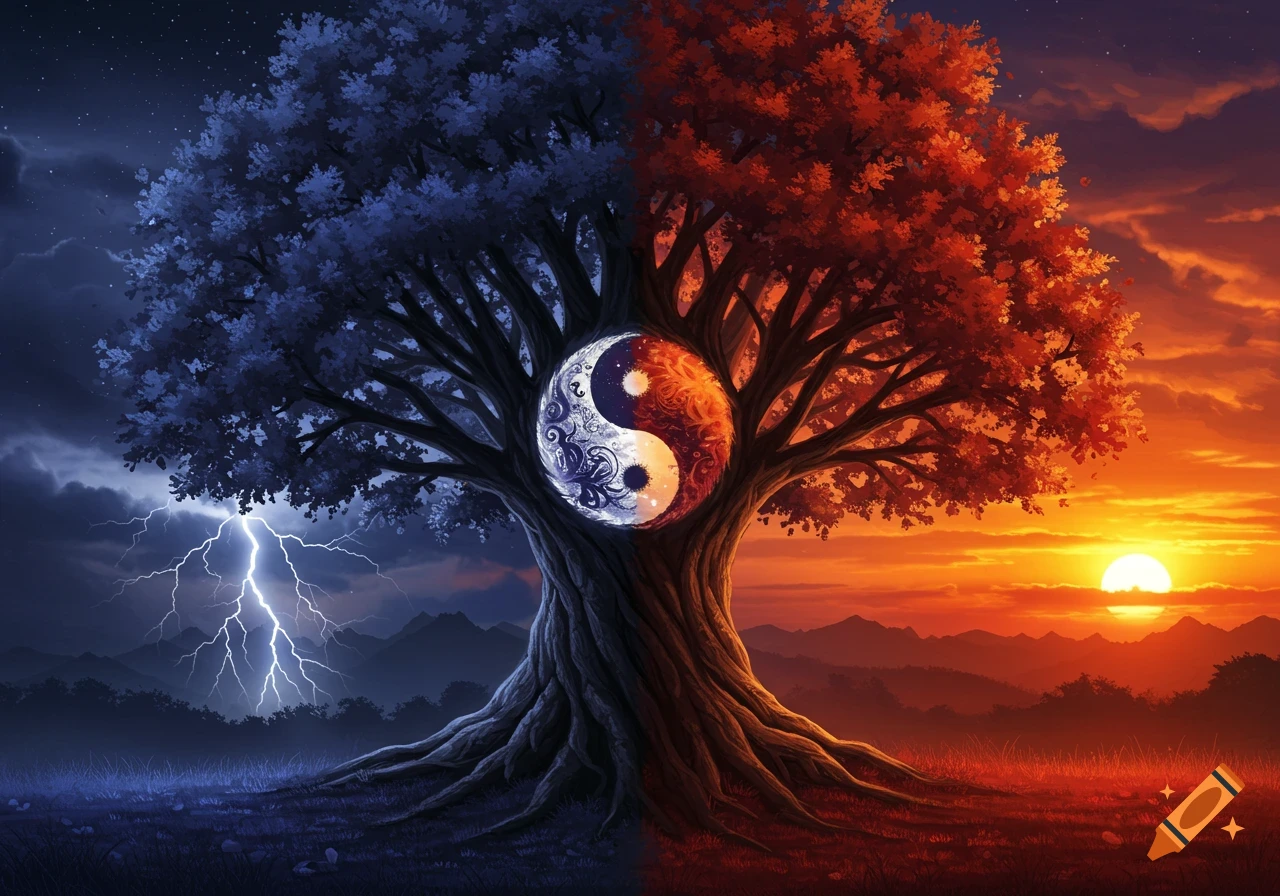 A large tree with a yin-yang symbol in its trunk, split between a stormy night with lightning on the left and a vibrant sunset on the right.
