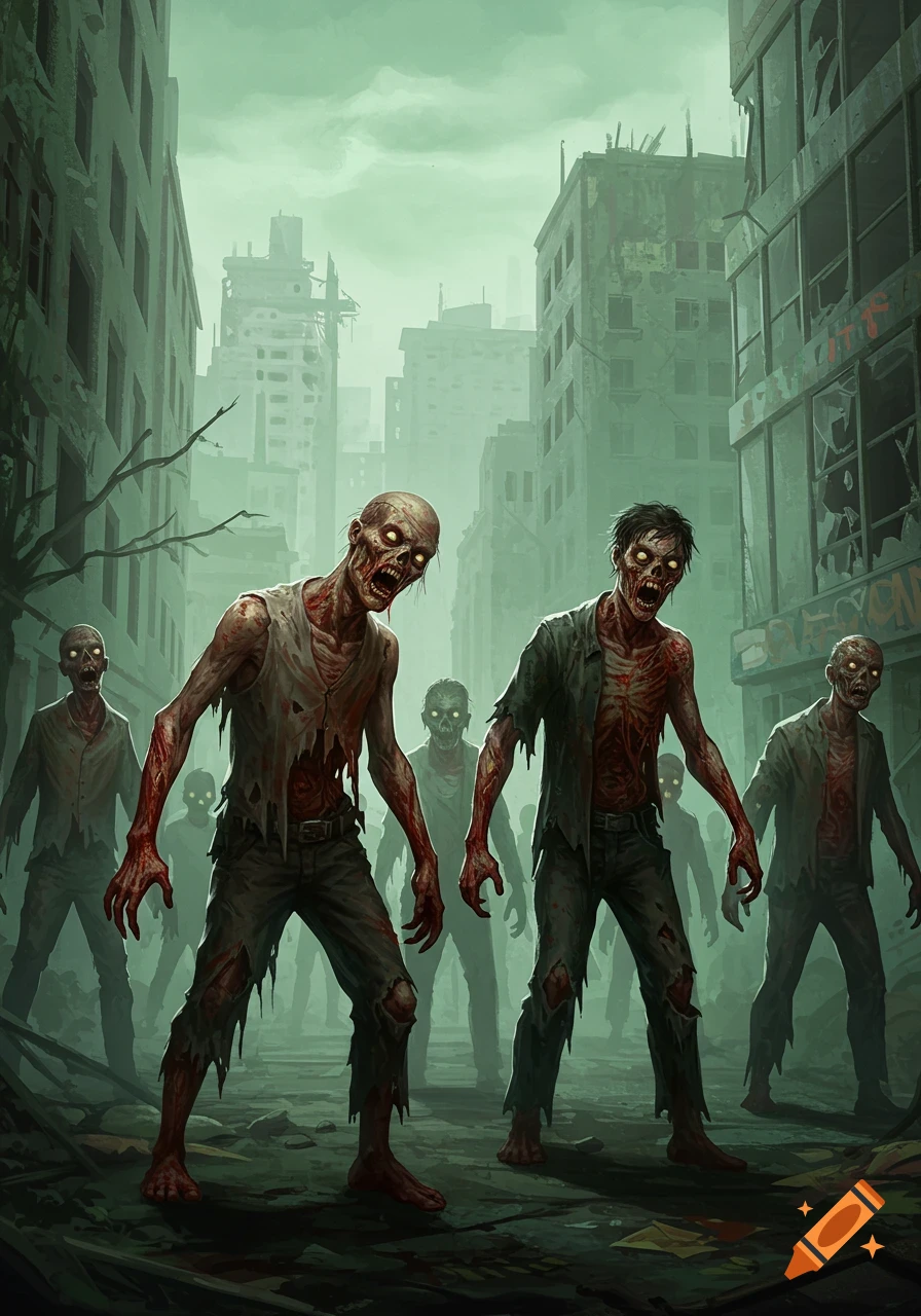Stylized illustration of a horde of decaying zombies with glowing eyes walking through the ruined streets of a city under a green, misty sky.