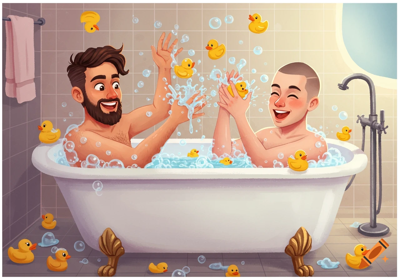 Two cartoon men laugh and splash in a bathtub filled with bubbles and rubber ducks in a warm illustrative style.