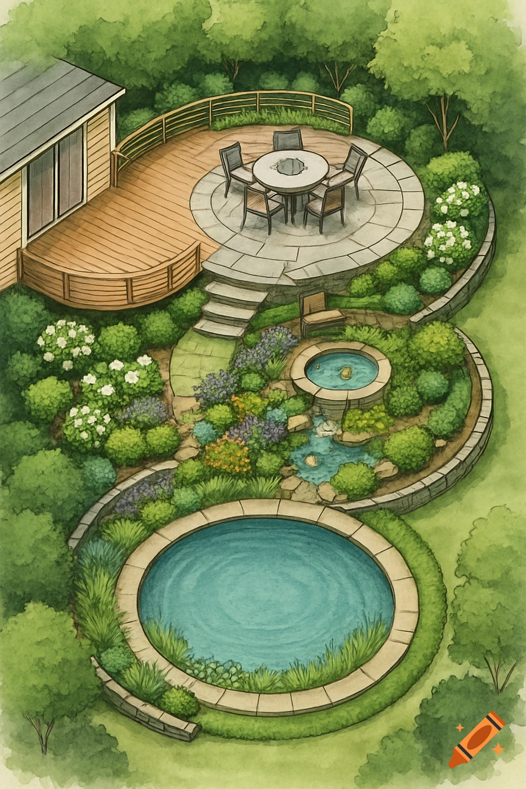 Overhead watercolor illustration of a multi-tiered backyard landscape with a house, deck, stone patio, garden beds, ponds, and a circular pool.
