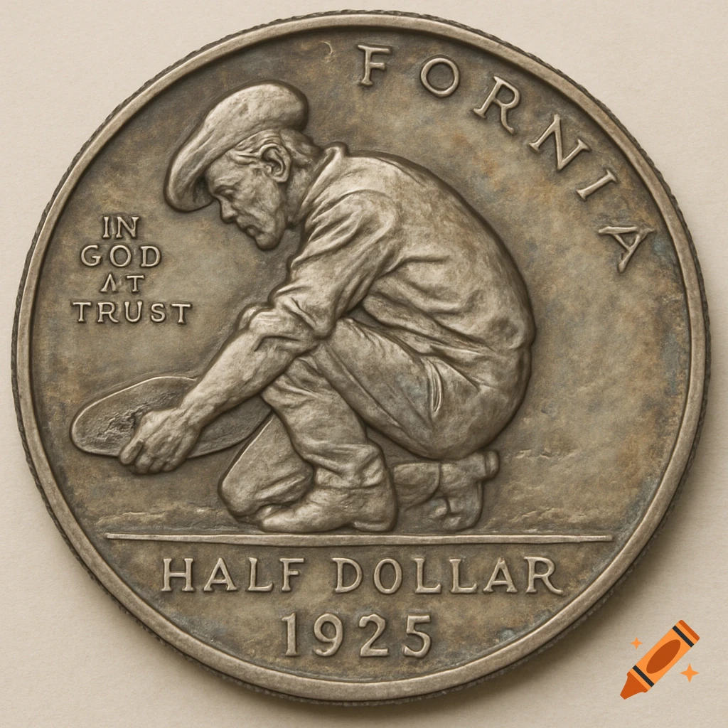 A detailed close-up of a 1925 California Commemorative Half Dollar coin, featuring a gold miner panning and clear inscriptions.