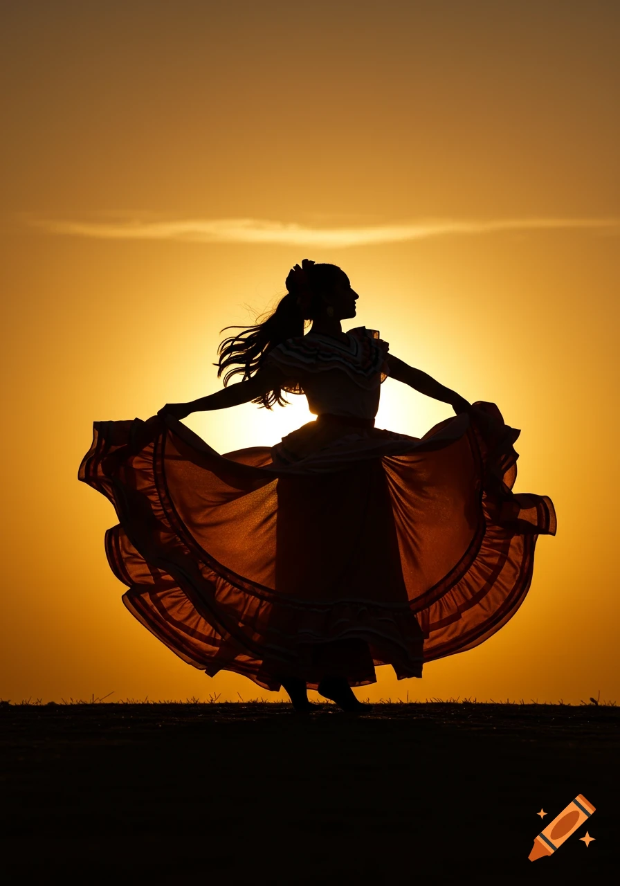 Silhouette of a woman in a flowing dress dancing against a golden sunset.