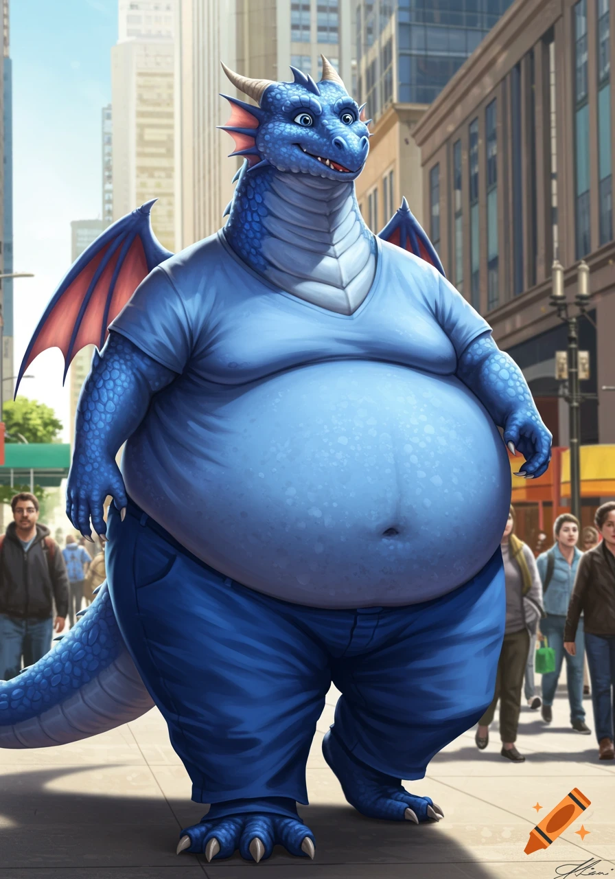 A large, blue, bipedal dragon wearing a blue t-shirt and pants walks down a busy city sidewalk with buildings in the background.