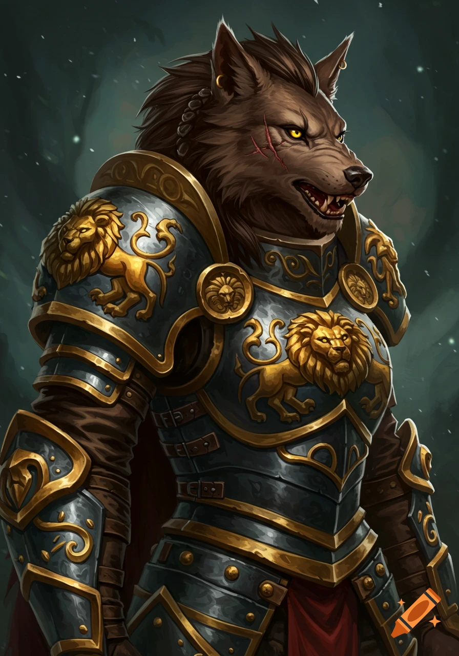 A scarred brown werewolf in ornate gold and blue fantasy plate armor with lion motifs, illustrated in a digital painting style.
