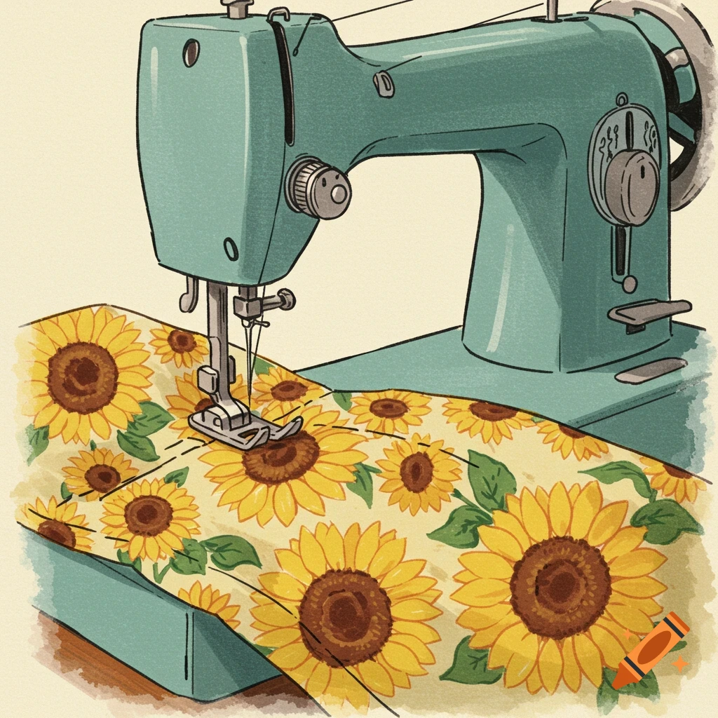 A watercolor illustration of a vintage teal sewing machine stitching a yellow fabric with a sunflower pattern.