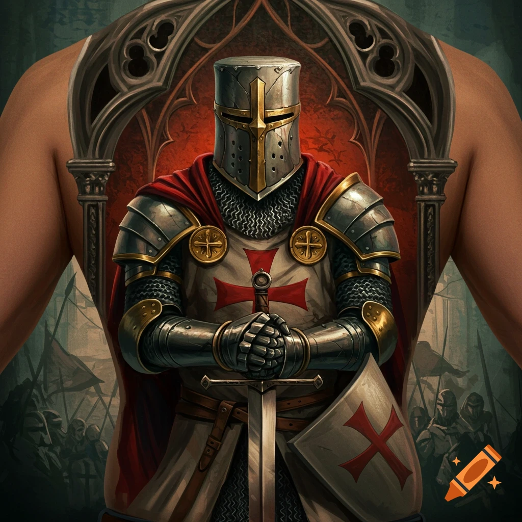 Detailed illustration of a Crusader Knight in full armor, holding a sword, as a back tattoo with a gothic arch and battle scene.