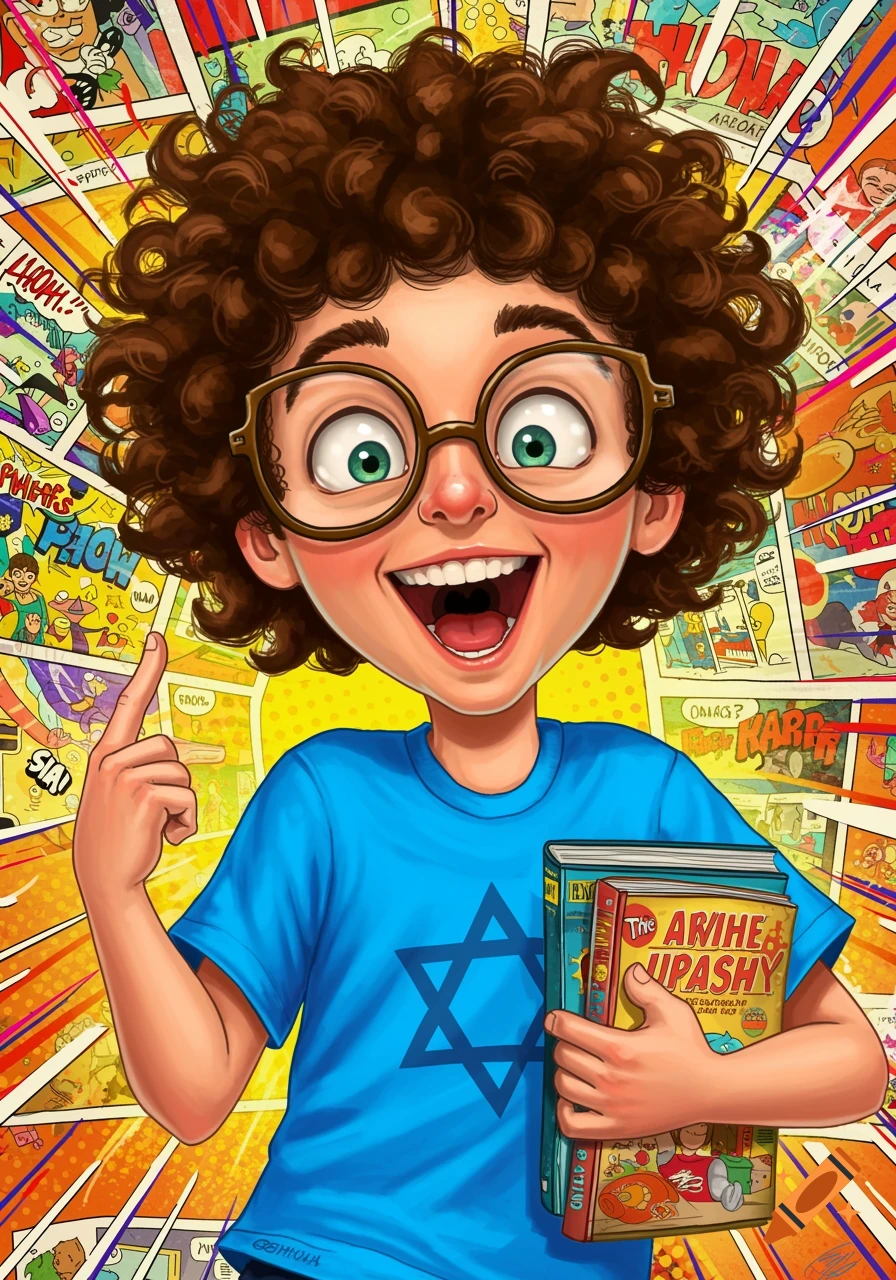 A happy cartoon boy with curly hair and glasses, wearing a blue shirt with a Star of David, holding two books against a vibrant comic book background.