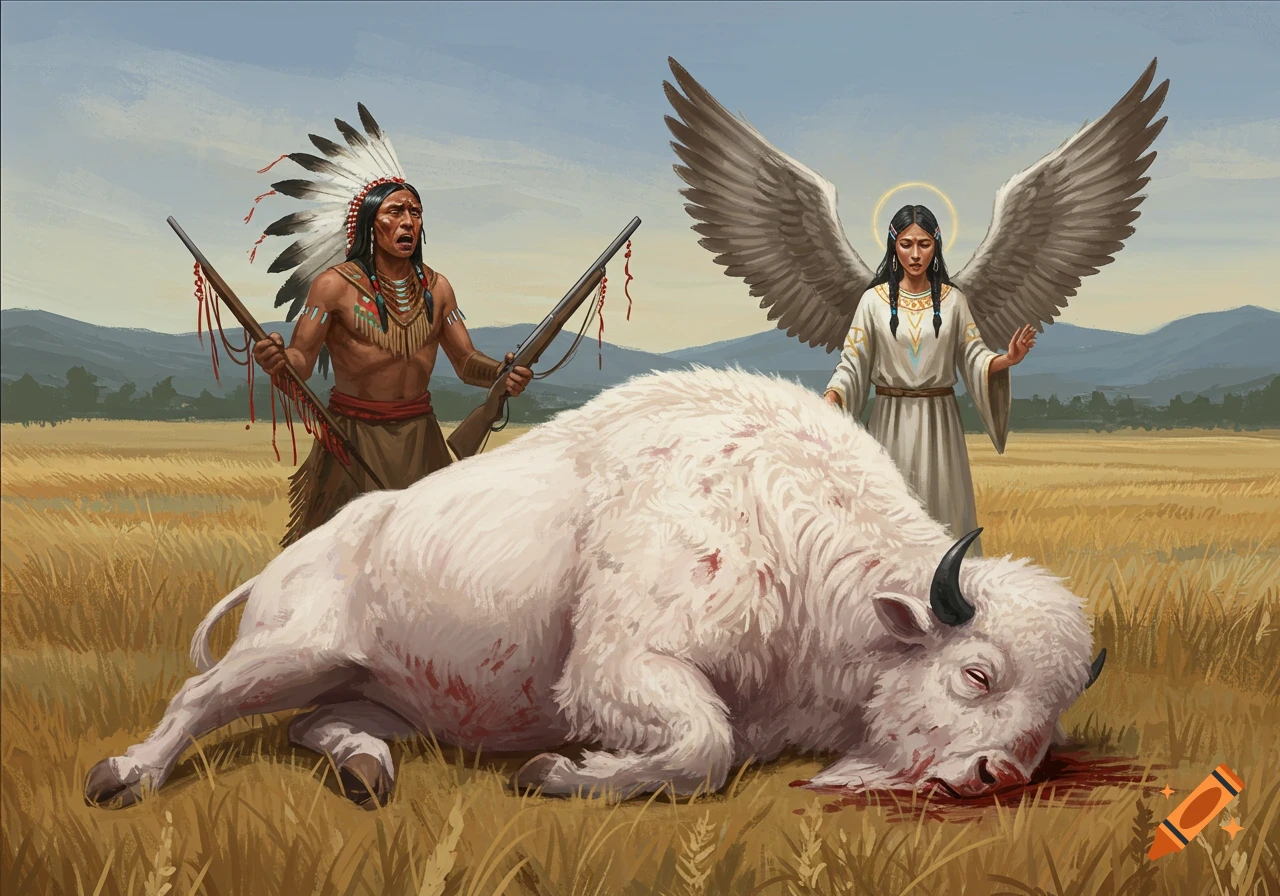 A Native American hunter with guns stands in horror next to a dying white buffalo, while a Native American angel looks on sadly in a grassy field.