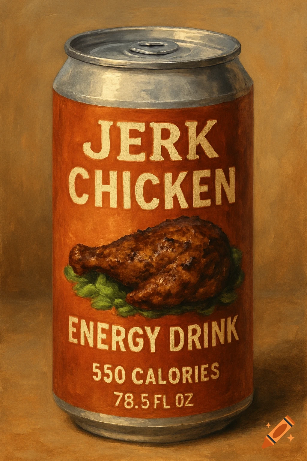 A painting of an orange soda can labeled 'JERK CHICKEN ENERGY DRINK' with a cooked chicken drumstick, on a brown background.